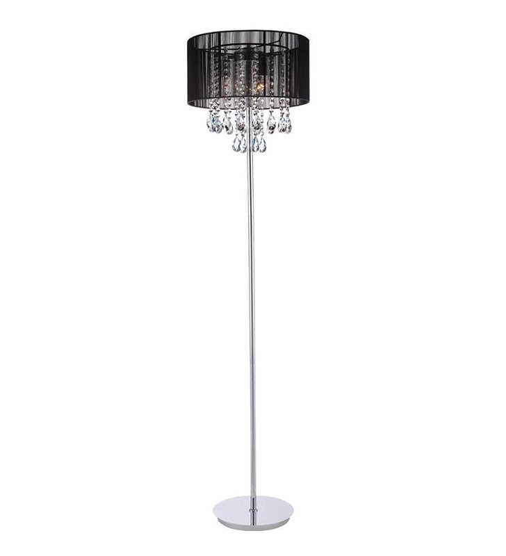 Lampa podłogowa Essence czarny abażur ze zwisającymi od wewnątrz kryształami podstawa chrom do salonu sypialni jadalni