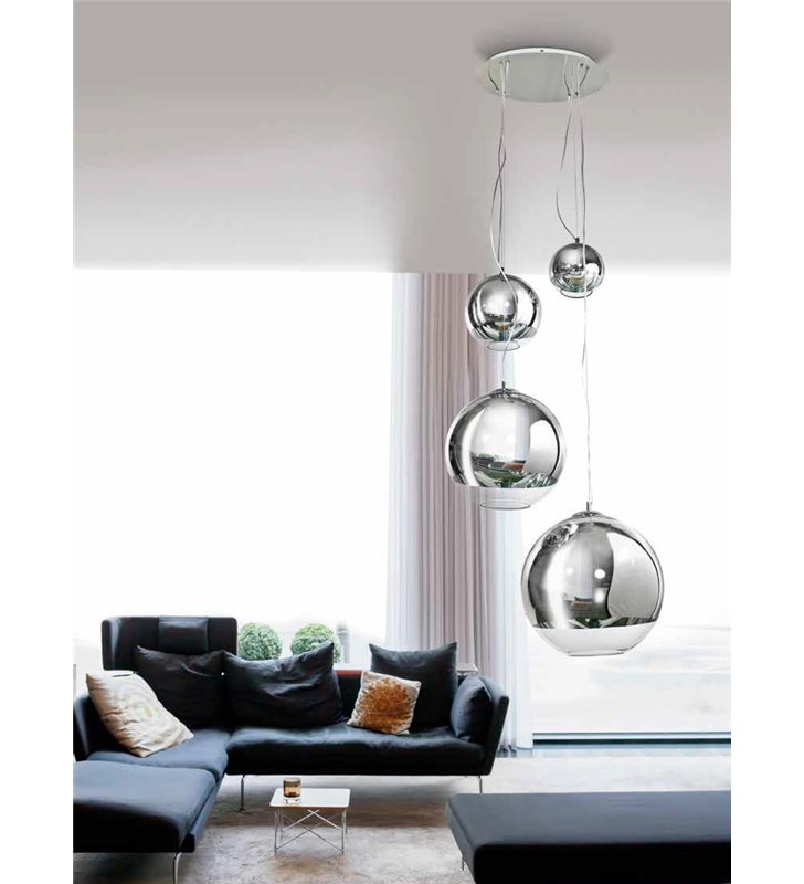 presentation Seedling Sideways Lampa wisząca Silver Ball długa 4 szklane kule na okrągłej podsufitce do  salonu sypialni jadalni kuchni