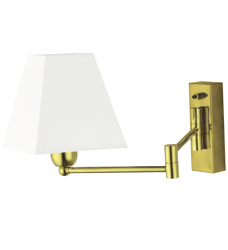 Kinkiet ze składanym ruchomym ramieniem Rotto II złoty z białym abażurem włącznik na lampie np. do sypialni do czytania