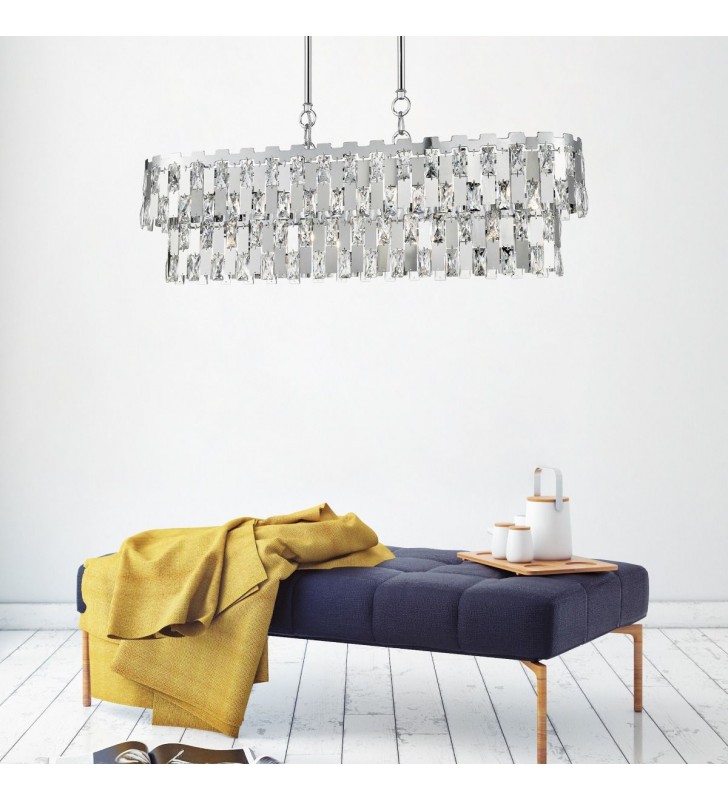 Podłużna owalna lampa wisząca z kryształami Anzio metal chrom styl glamour do salonu sypialni jadalni nad stół