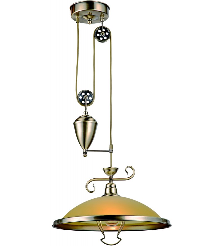 Lampa wisząca Sassari w kolorze antycznego mosiądzu klosz szklany bursztynowy regulacja długości przeciwwaga