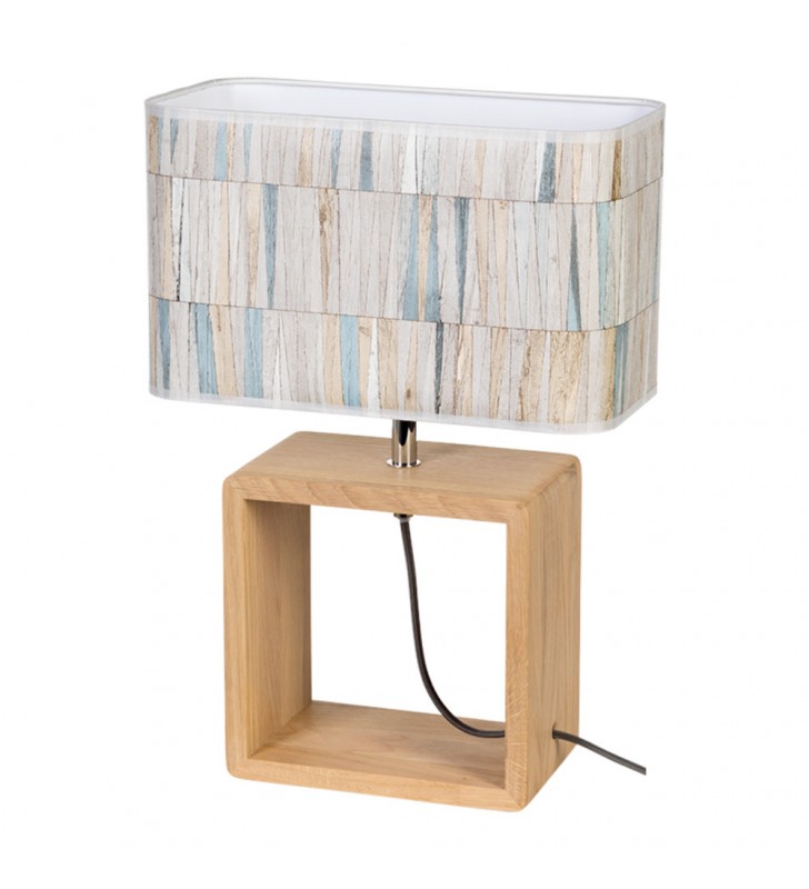 Lampa stołowa Malo prostokątny kolorowy abażur drewniana podstawa
